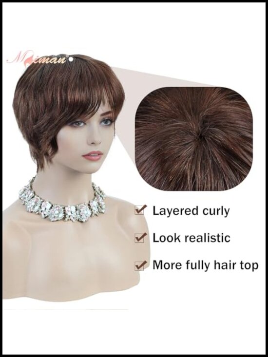 Pixie Cut Wig for Women Human Hair with Bangs Short Layered Hairpiece